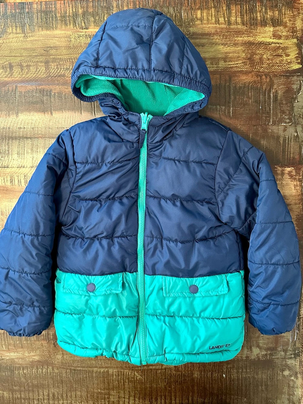 Lands' End Navy and Teal Hooded Puffer Jacket - Kids